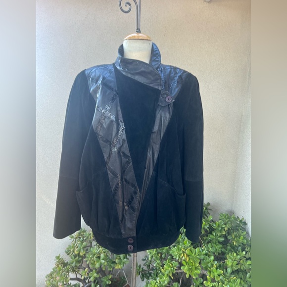 Vintage 80s black suede bomber jacket big shoulders pockets 6 Dominic Bellissimo - Picture 4 of 12